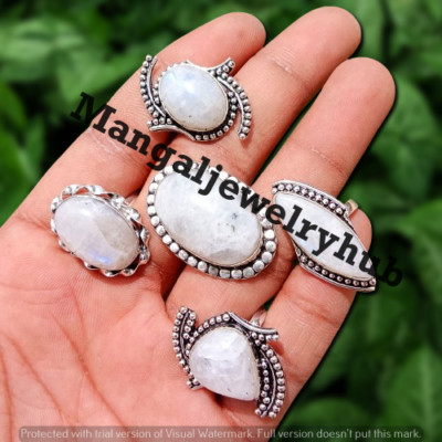 Natural Moonstone Gemstone 5 PCS Rings 925 Silver Plated Wholesale Jewelry Lot