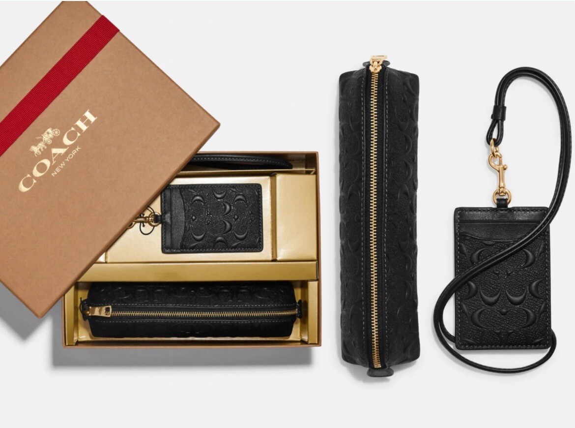 Coach Boxed Pencil Case And Id Lanyard Set In Black