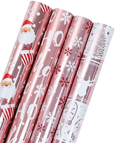 Christmas Wrapping Paper Roll - Santa, Snowflakes and Reindeer Rose Gold