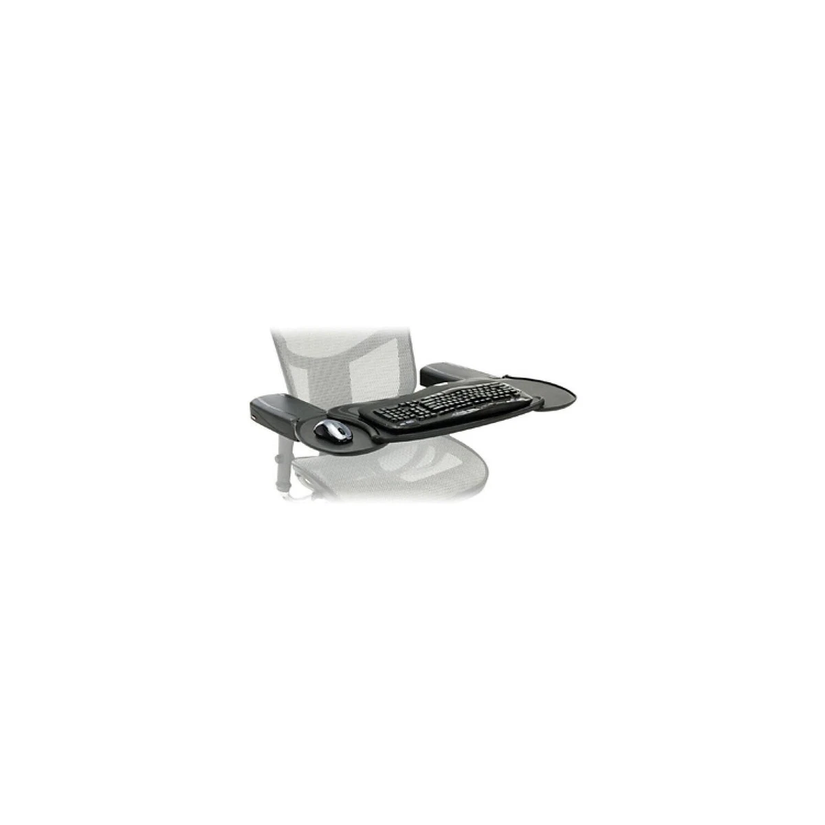 A keyboard and mouse tray attached to the armrests of an office chair