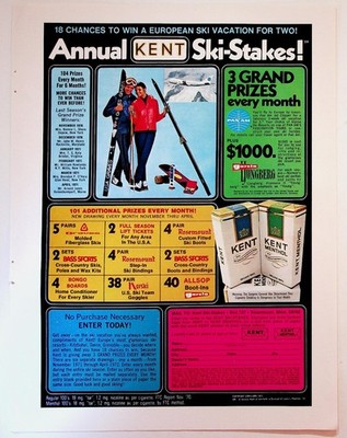 KENT Ski-Stakes! 1971 Vintage Cigarette Skiing Magazine Print Ad Full Page
