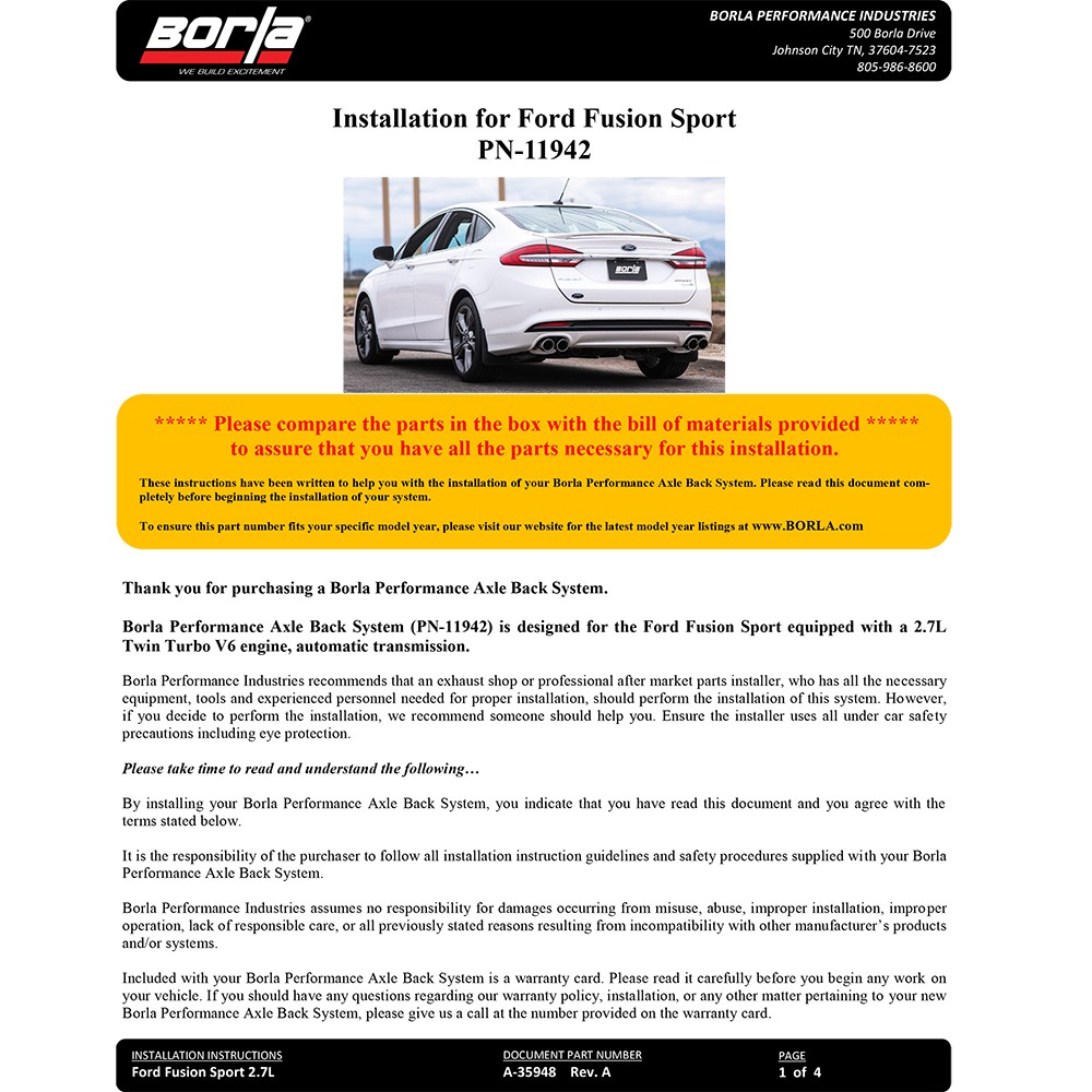 Borla 11942 S-Type Axle Back Exhaust Kit for 2017-2019 Ford Fusion Sport 2.7L V6