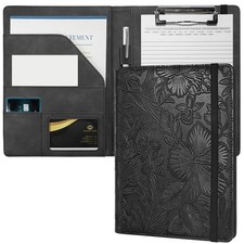 A5 Small Floral Black PU Leather Padfolio Clipboard Fits 5x8 Inch Pads
