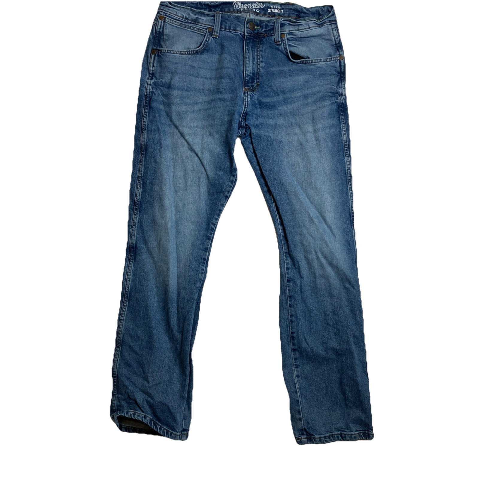 Wrangler Retro Jeans Mens 34x32 Slim Straight Blue Denim Western Cowboy