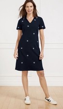 T by Talbots Pique Polo Dress Womens Medium Navy/White embroidered shells UPF50