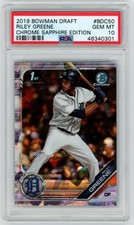 Riley Greene 2019 Bowman Draft Chrome Sapphire w Bat BDC50 PSA 10 1st RC Tigers