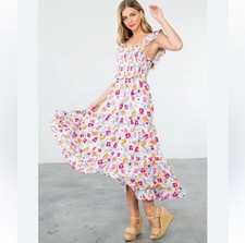 THML Floral Smocked Flutter Sleeve Midi Dress SZ L NWT