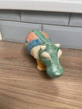 Hippo Figurine Raku Pottery South Africa Hippopotamus Signed Patchwork Colorful