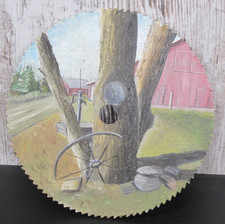 Vintage Original Art Hand Painting Circular Saw Blade 6.5  Country Scene Barn
