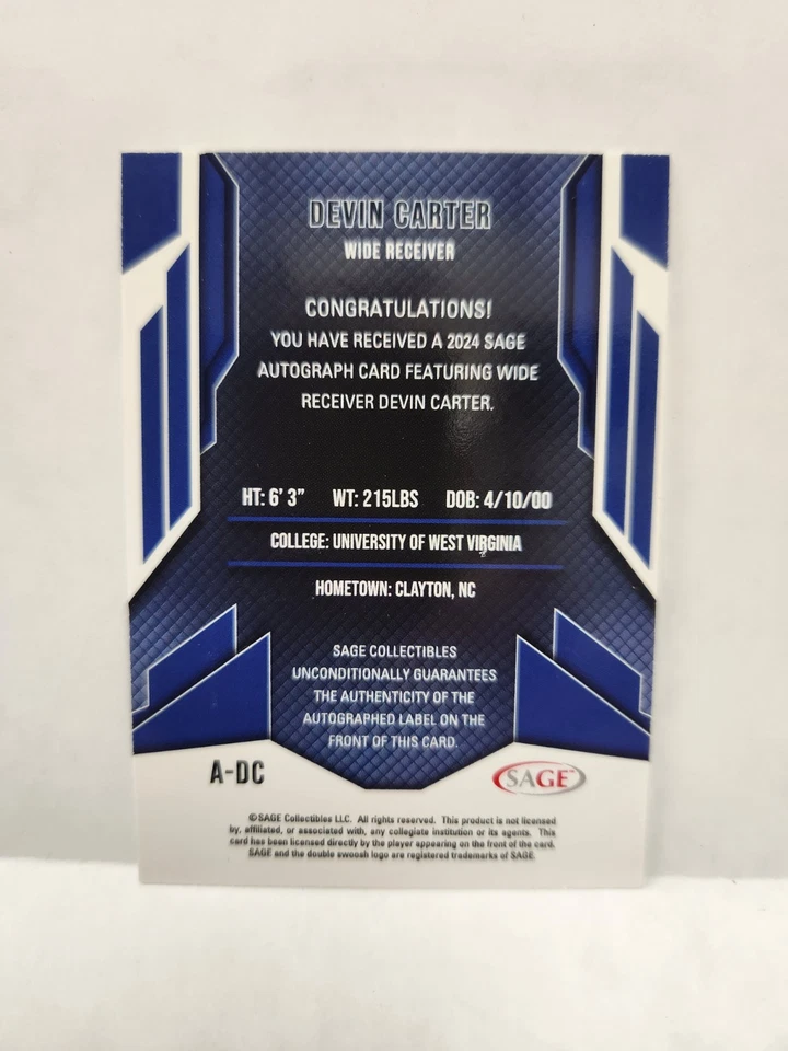 2024 SAGE HIT Low Series - Autographs Devin Carter #A-DC Red (AU, RC) - Image 2 of 2