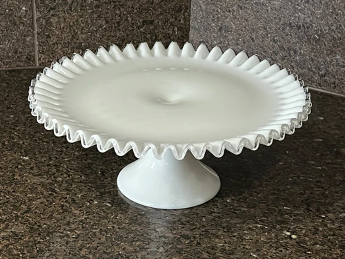 Vtg Fenton Silver Crest Milk Glass Cake Stand 12.75” Ruffled Edge Pedestal Plate