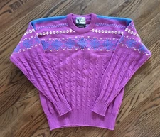 Vtg Tyrolia Women’s Wool Blend Pullover Sweater Pink Blue Snowflakes Ski 80s Med
