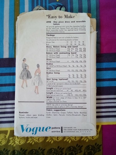 Vogue Sewing Pattern 4998 Women's Dress Bolero Size 12 Complete Vintage - Picture 2 of 2