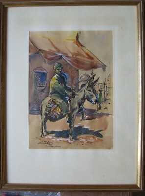 ::G.NEUMANN SCHIRAZ IRAN °GOUACHE MAN ON DONKEY °BAZAAR DONKEY MEDINA SIGNED 