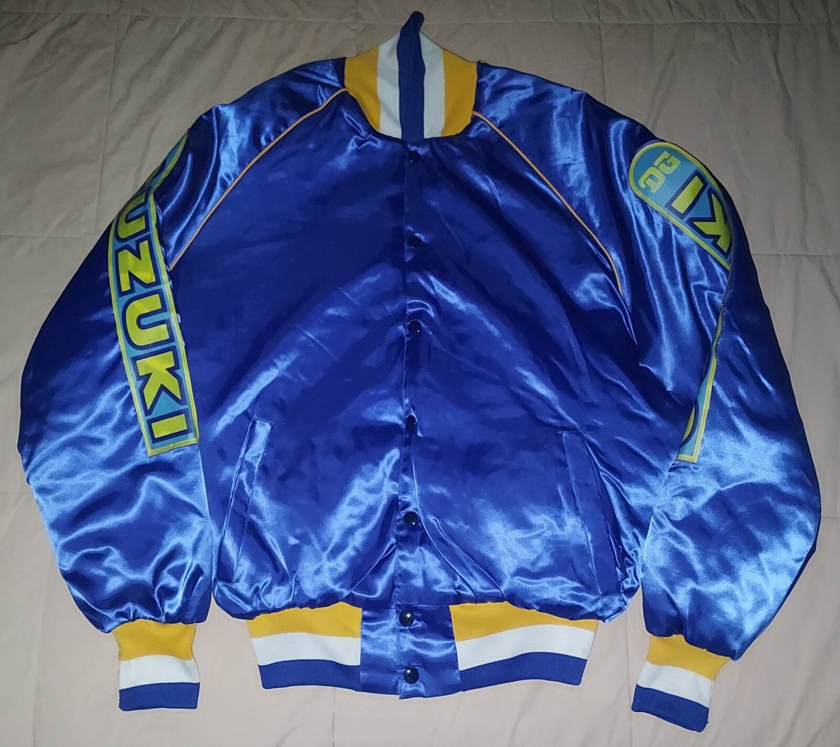VTG 70s SUZUKI SATIN STYLE BOMBER JACKET XL BLUE SNAP LINED