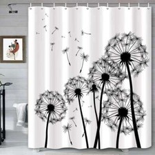 Black and White Dandelion Extra Long Fabric Shower Curtain Waterproof Bathroom