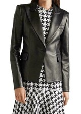 Women's Genuine Lambskin Leather Black Blazer Casual Formal Single Button Coat