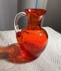 Blenko, Crackle Glass, Pitcher, Red Clear Applied Handle 4” Handblown