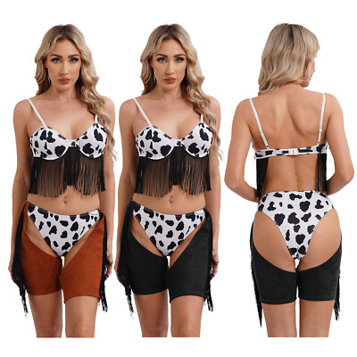 Womens Wild Cowboy Costume Sexy Western Cowgirl Outfit Fancy Dress Cosplay  2pcs