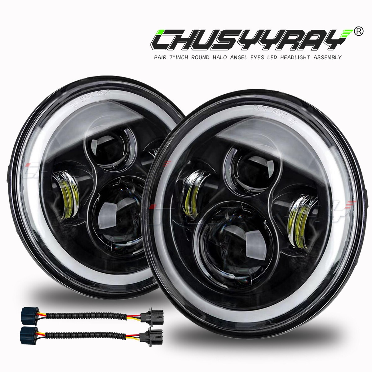 7 Inch Round LED Headlights With Halo Rings For Jeep Wrangler JK LJ CJ TJ – Cold White, Black Housing