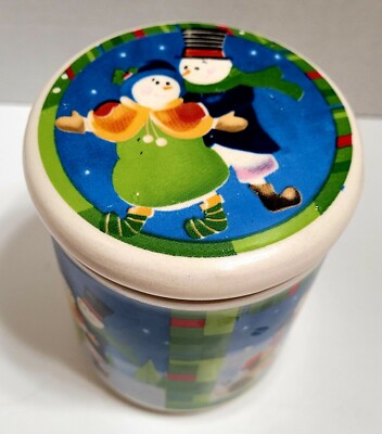 Christmas Candy Jar, ceramic, Snowman winter scene