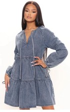 Fashion Nova Blue Denim Tiered Babydoll Mini Dress Sz Xl NWT Tie Neck And Cuffs