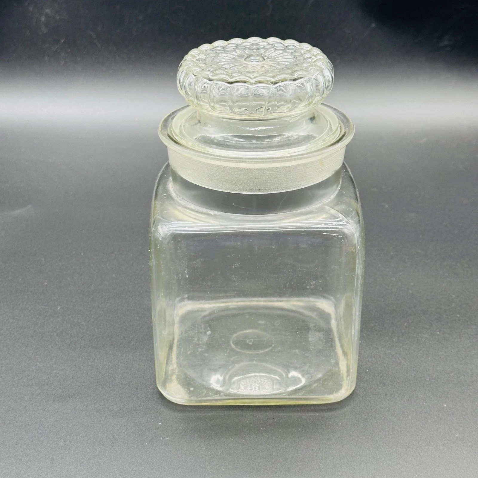 Vintage Clear Glass Square Apothecary Jar with Bubble Texture Lid