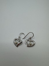 Sterling Silver 925 Open Heart Earrings With Faux Pearls On Ear Hooks