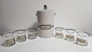 Rare Set Cera Name Your Poison Double Old Fashion Glasses Barware and Ice Bucket