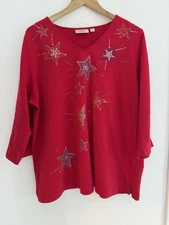 Quacker Factory Patriotic Red Stars Fireworks 4th of July Tunic Top EUC 1X