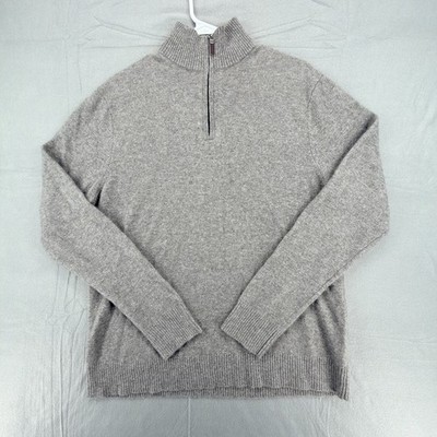 Qi New York 100% Cashmere Sweater Mens Large Gray 1/4 Zip Pullover Mock Neck