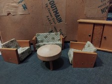 JOUET ANCIEN SALON DE POUPÉE ANNÉES 50 CANAPÉ 2 FAUTEUILS 1 TABLE 1 BUREAU 1...