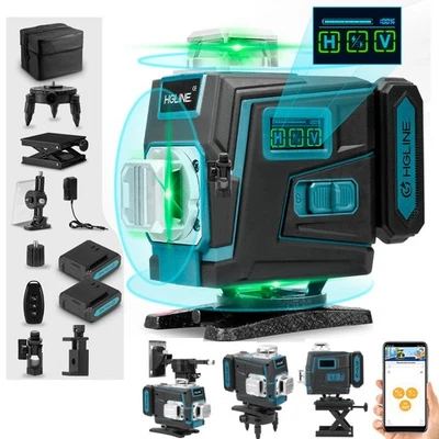 HGLINE 16 Line Laser Level Wasserwaage 4D 360° Kreuzlinienlaser Baustellen mit 2Akku