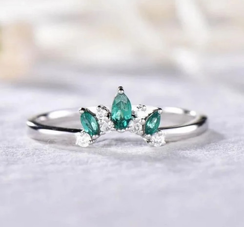 Natural Emerald Curved Shape Wedding Matching Band, Promise Ring, Gift For Her