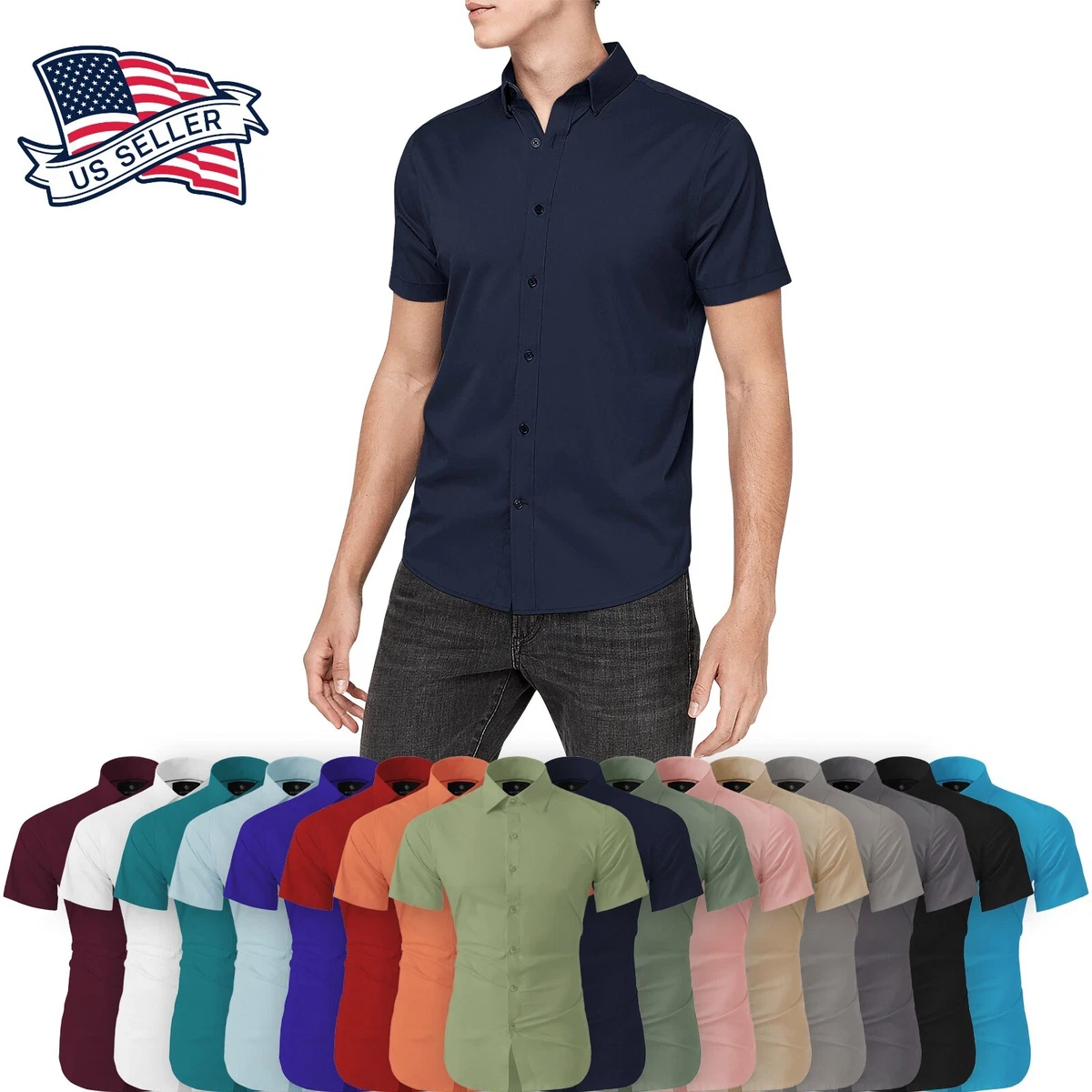 stretch button down shirt men's short sleeve