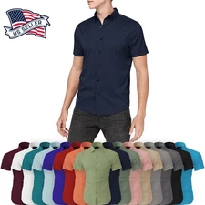 Mens SHORT SLEEVE Dress Shirts Slim Fit Button Down Solid Stretch Premium Casual