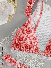 SHEIN Swim Mod Summer Beach Print Ruffle Edge Two-Piece Bikini Set - Small