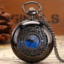 Men's Blue Astral Dial Quartz Pocket Watch Roman Numerals Display with Chain