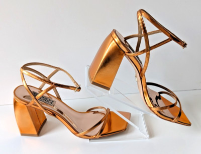 Badgley Mischka Ivanka Gold Strappy Heels Sz 6~ 3.5'' Block Heel Open Toe Club