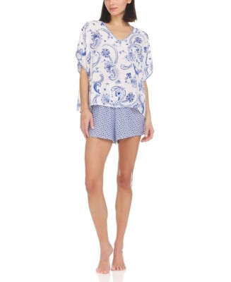NWT! Flora Nikrooz Women's Sz L Anaya Caftan Top and Shorts Pajama Set Blue