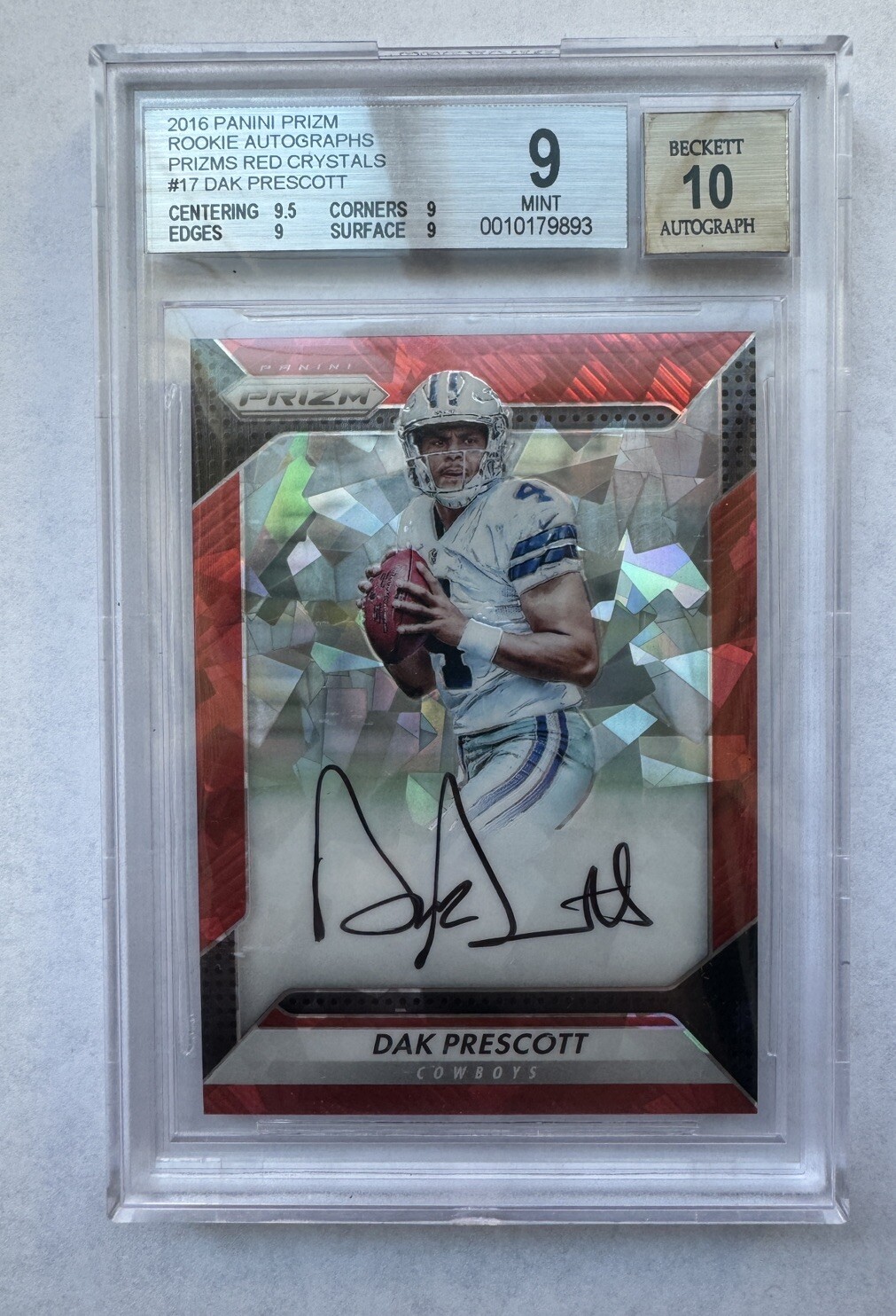 2016 Dak Prescott Panini Prizm RC Auto Red Crystals #17 BGS 9 Auto 10 /75