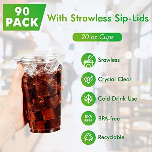 PACK 20 oz Clear Plastic Cups With Strawless Sip Lids, Disposable 90 20