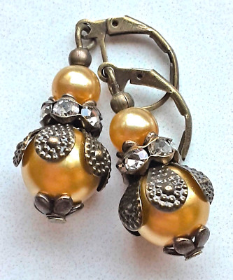 YELLOW GLASS PEARL Faceted crystal earring BRONZE LEVER BACK artisan XX