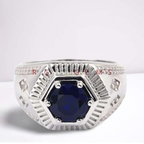 Blue Sapphire Round Cut Gemstone with 925 Sterling Silver Ring For Men #A915 - Picture 5 of 6