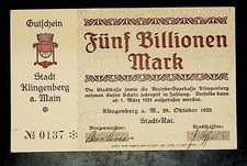 1923 Germany KLINGENBERG 5 Trillion / 5.000.000.000.000 Mark Banknote
