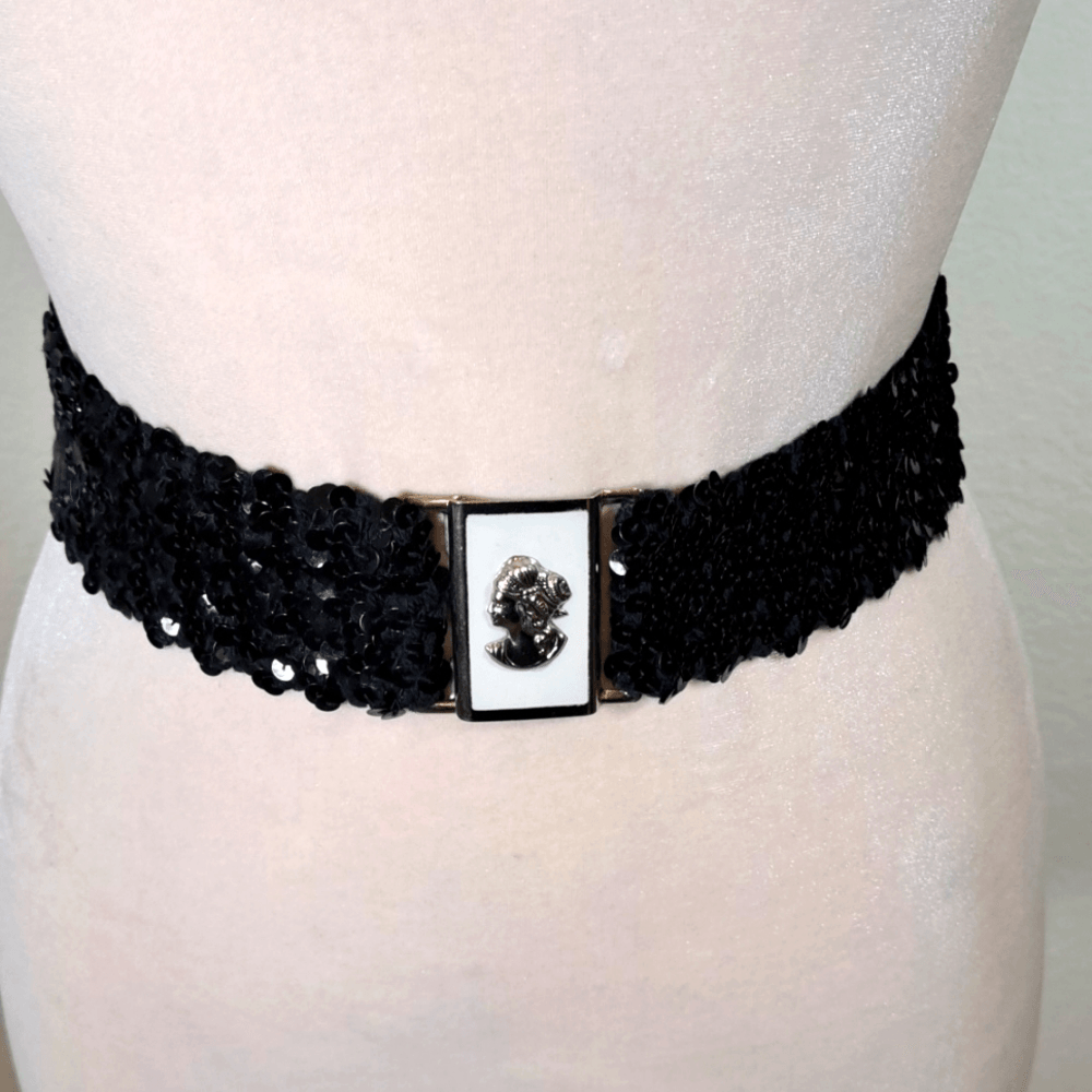 Belt Black Cameo Buckle Sparkly Stretchy Women display picture 1
