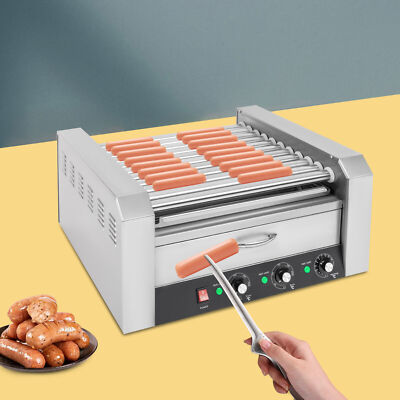 Electric 30 Hot Dog 11 Roller Grill Cooker Machine w/Bun Warmer 1560W Silver
