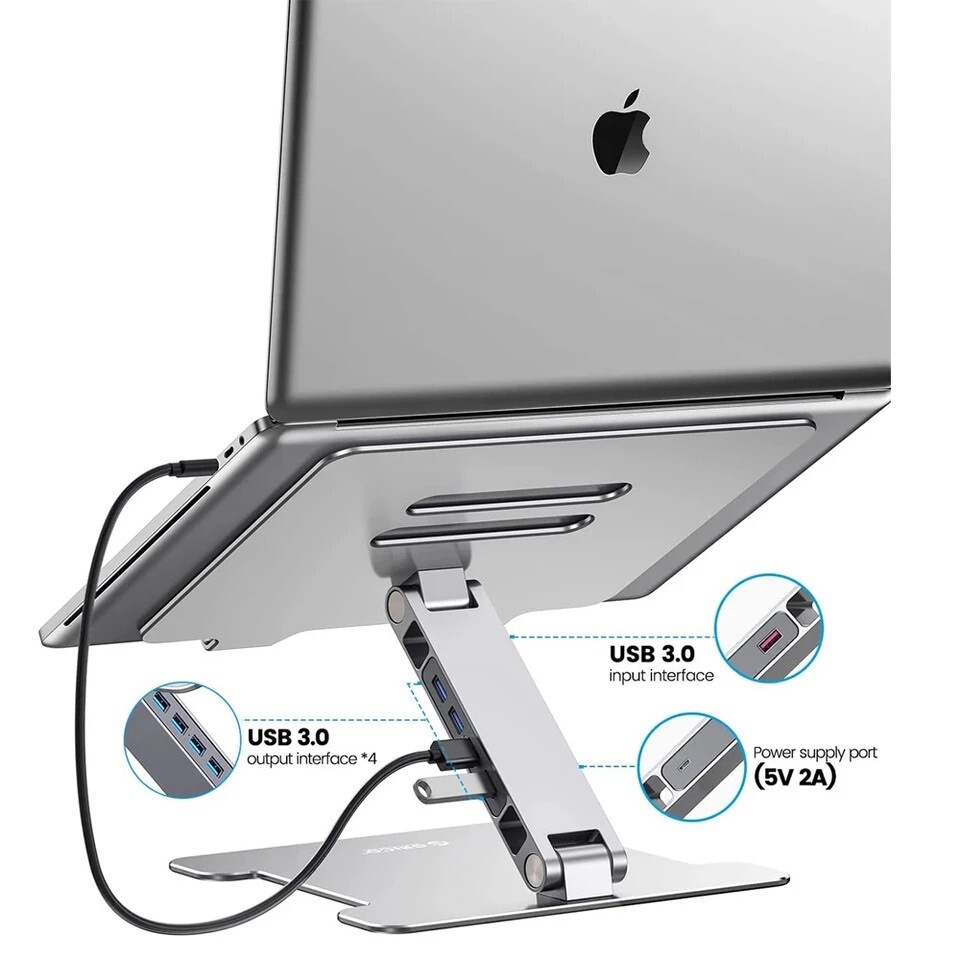 Adjustable Aluminum Laptop Stand with 4-Port USB 3.0 Hub for MacBook iPad Notebook