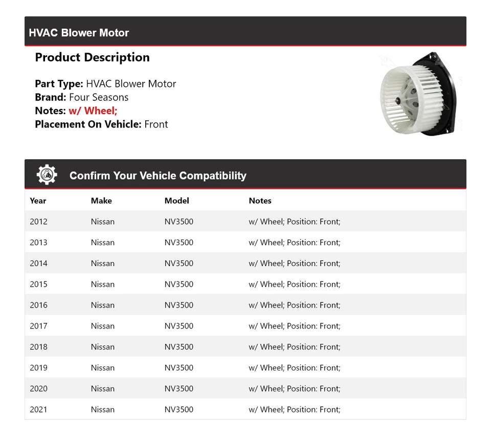 Двигатель переднего вентилятора для Nissan NV3500 2012-2021 годов выпуска 4 сезона 2013 2014 2015 годов выпуска - Изображение 2 из 4