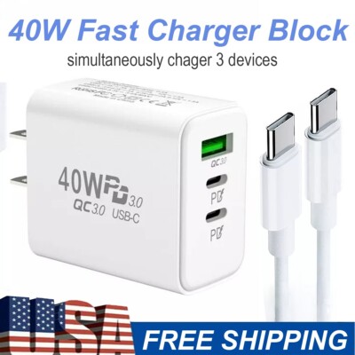 40W Type-C Fast Wall Charger Block Dual PD 3 Ports For Samsung/iPhone /Google/LG